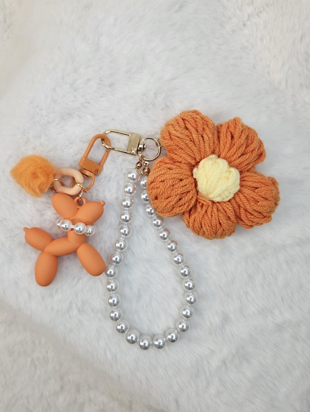 Orange Flower & Balloon Dog Keychain with Pearl Beaded Strap